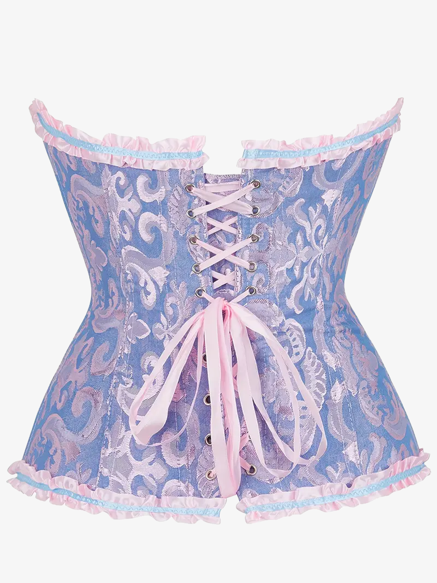 Zoom sur un corset bleu et rose vu de dos