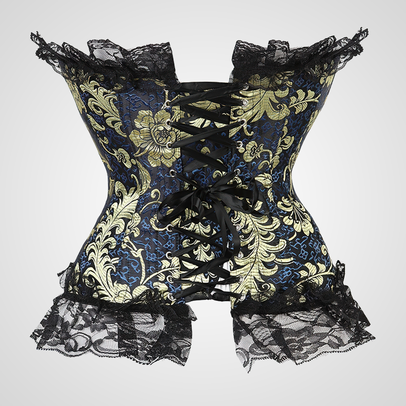 Corset brocart bleu et or pour femme vu de dos