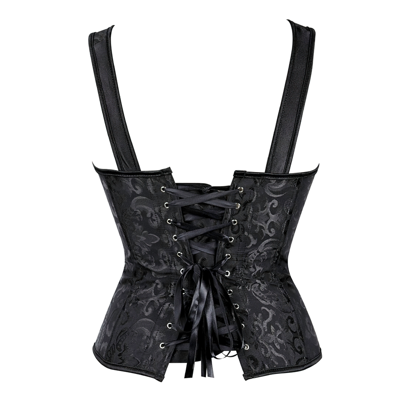Zoom sur un corset bustier noir à bretelles vu de dos