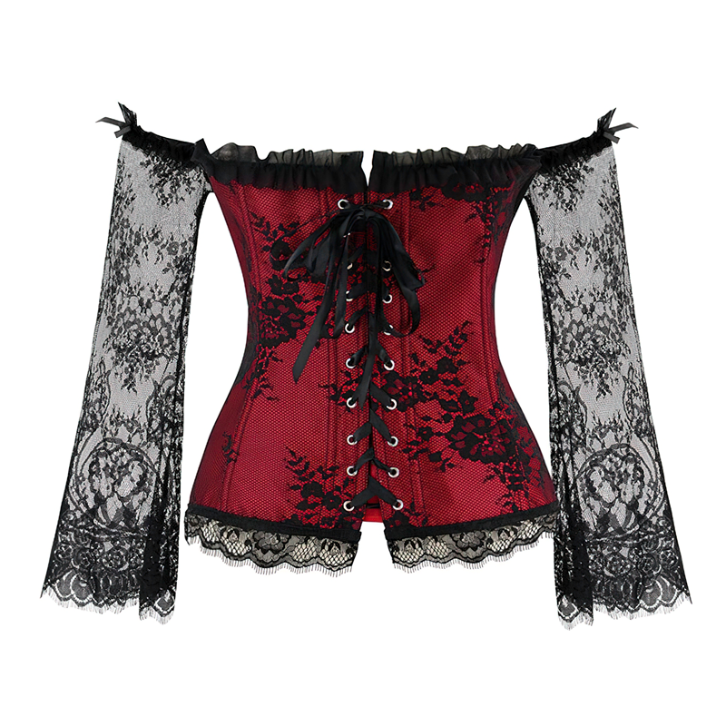 Zoom sur un corset en dentelle noire et rouge vu de dos