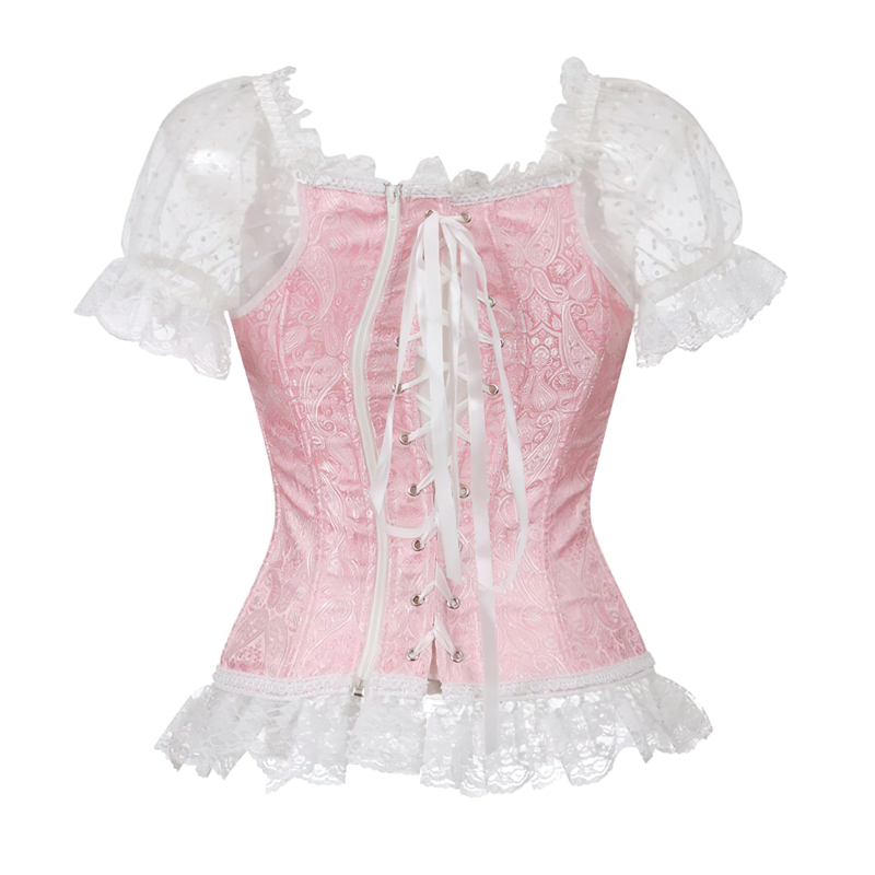 Zoom sur un corset rose blanc vu de dos