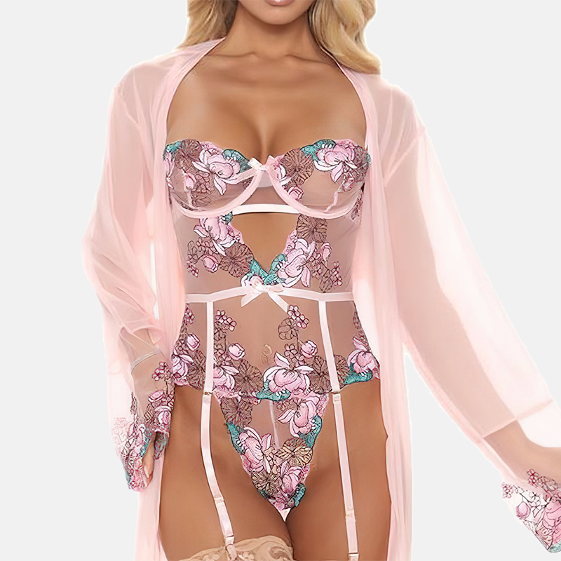 Guêpière rose à petits nœuds vue de face