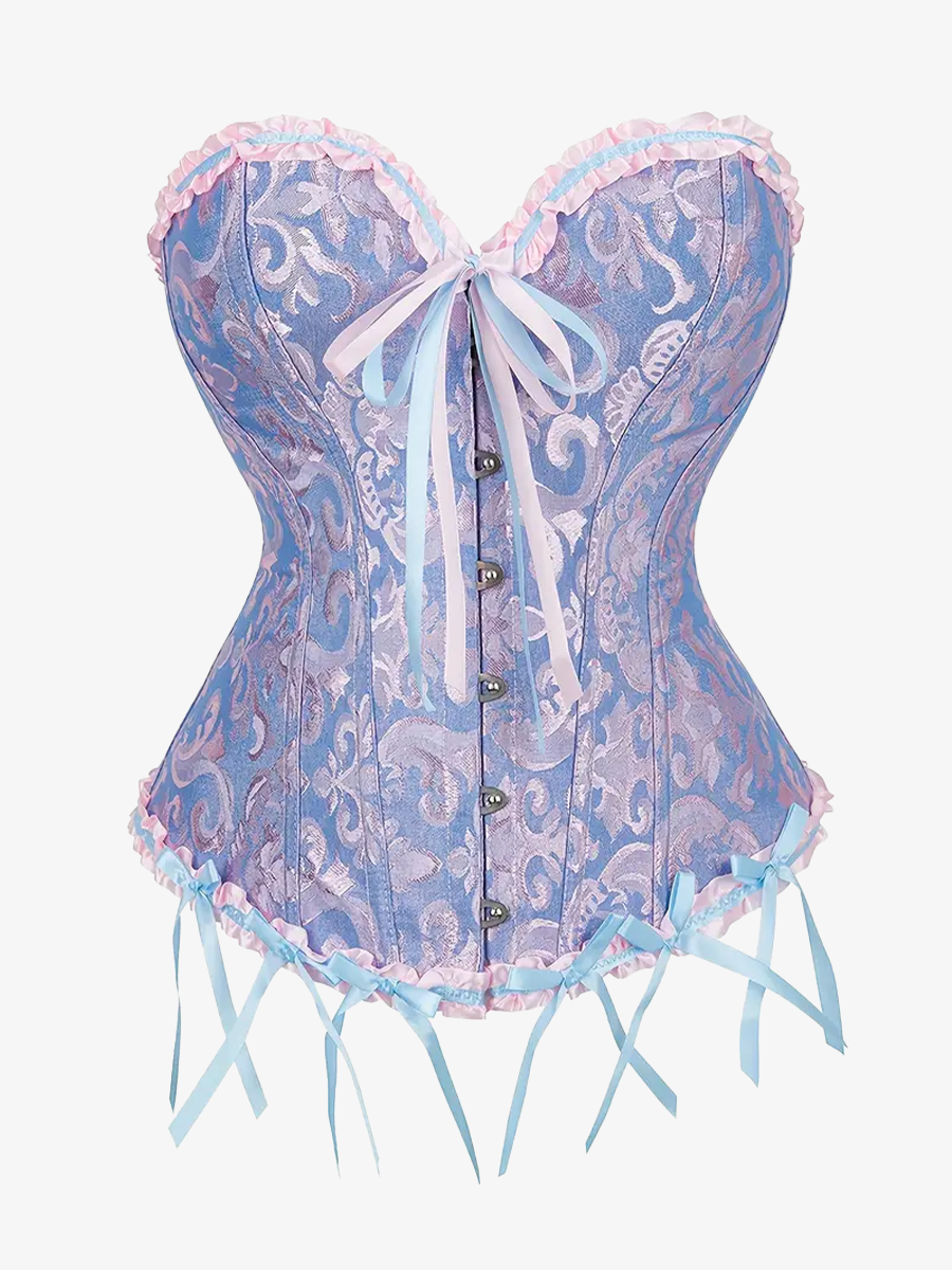 Zoom sur un corset bleu et rose