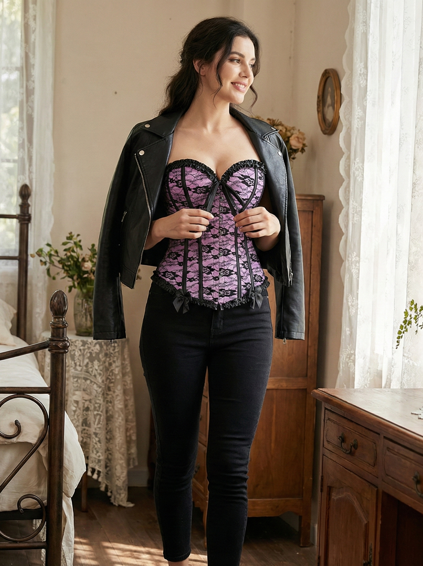 Corset rose et noir bustier