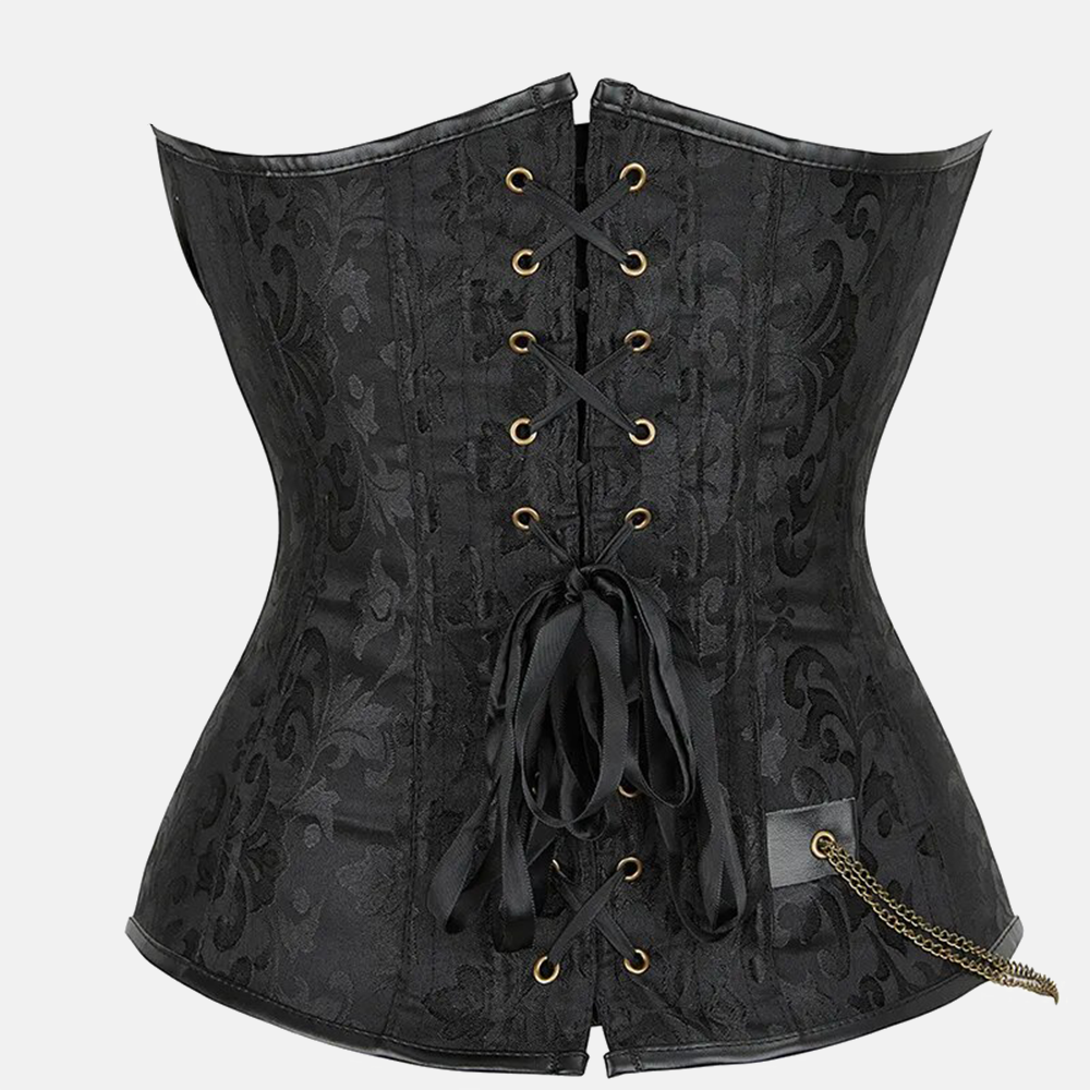 Zoom sur un corset steampunk noir vu de dos