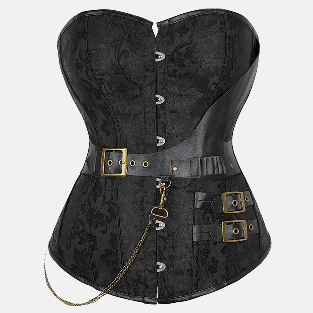 Zoom sur un corset steampunk noir vu de face