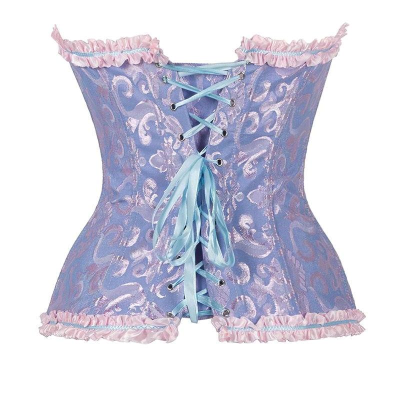 Zoom sur un corset bleu et rose vu de dos