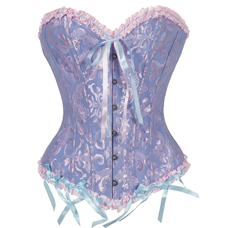 Zoom sur un corset bleu et rose vu de face
