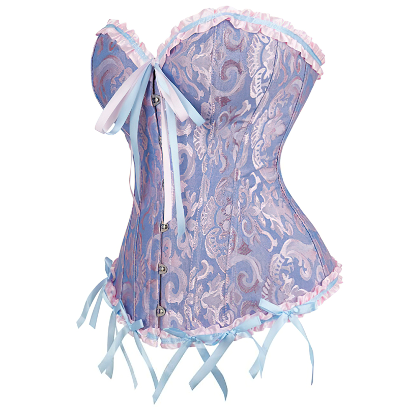 Zoom sur un corset bleu et rose vu de profil
