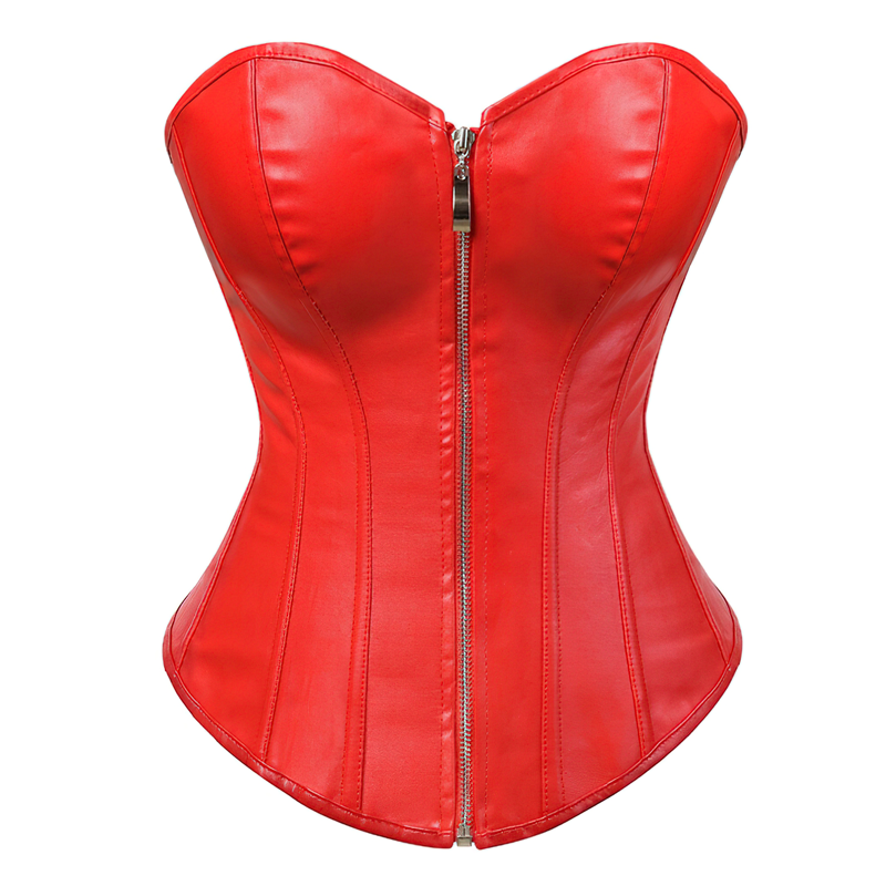 Zoom sur un corset en cuir rouge vu de face
