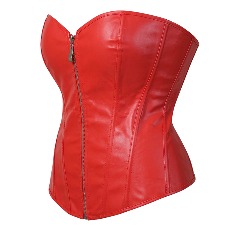 Zoom sur un corset en cuir rouge vu de profil