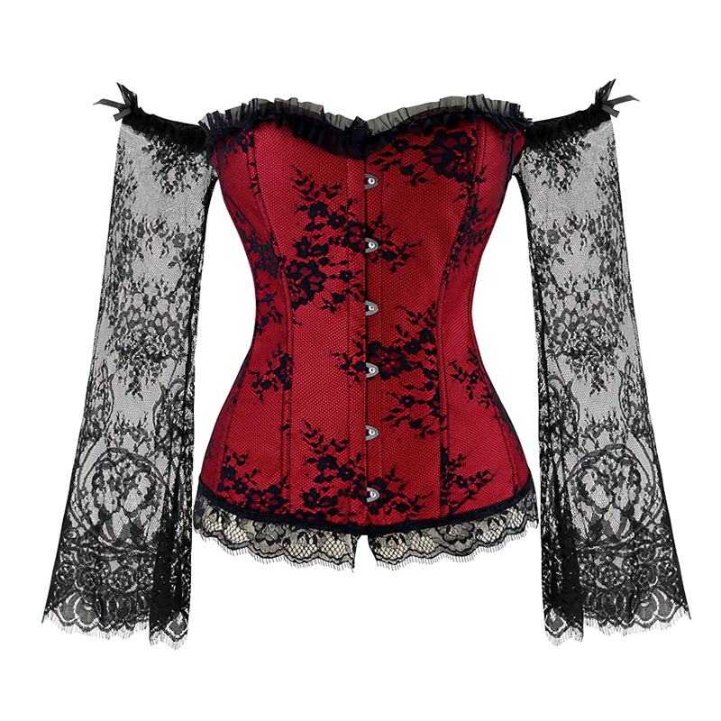 Zoom sur un corset en dentelle noire et rouge vu de face