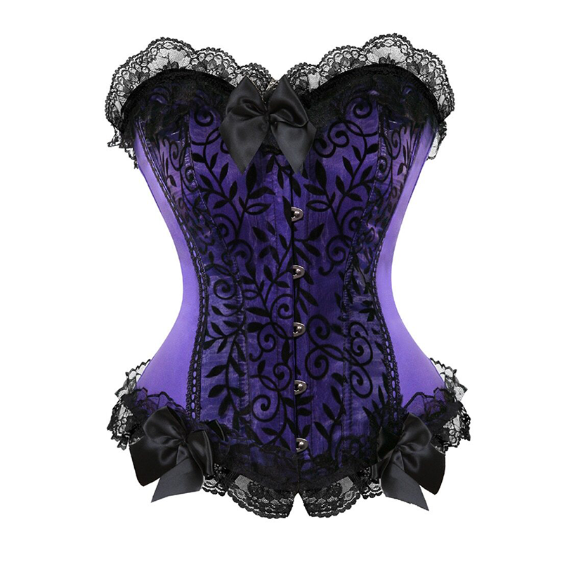 Zoom avant sur un corset en satin et dentelle violet