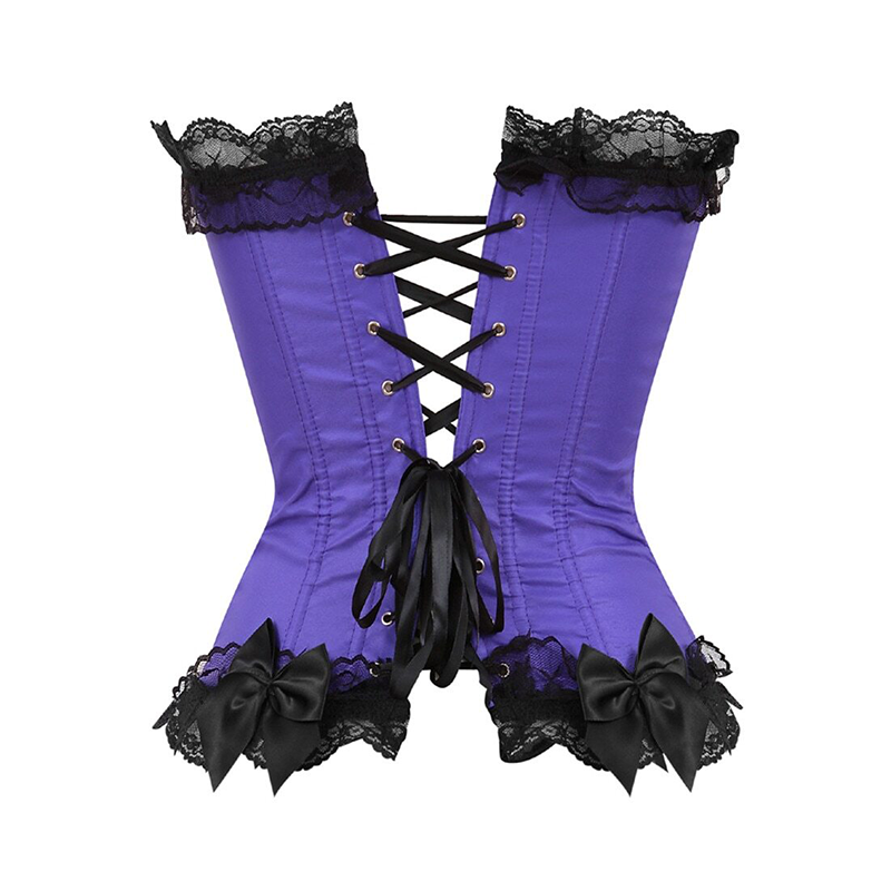 Zoom sur le dos d'un corset en satin et dentelle violet