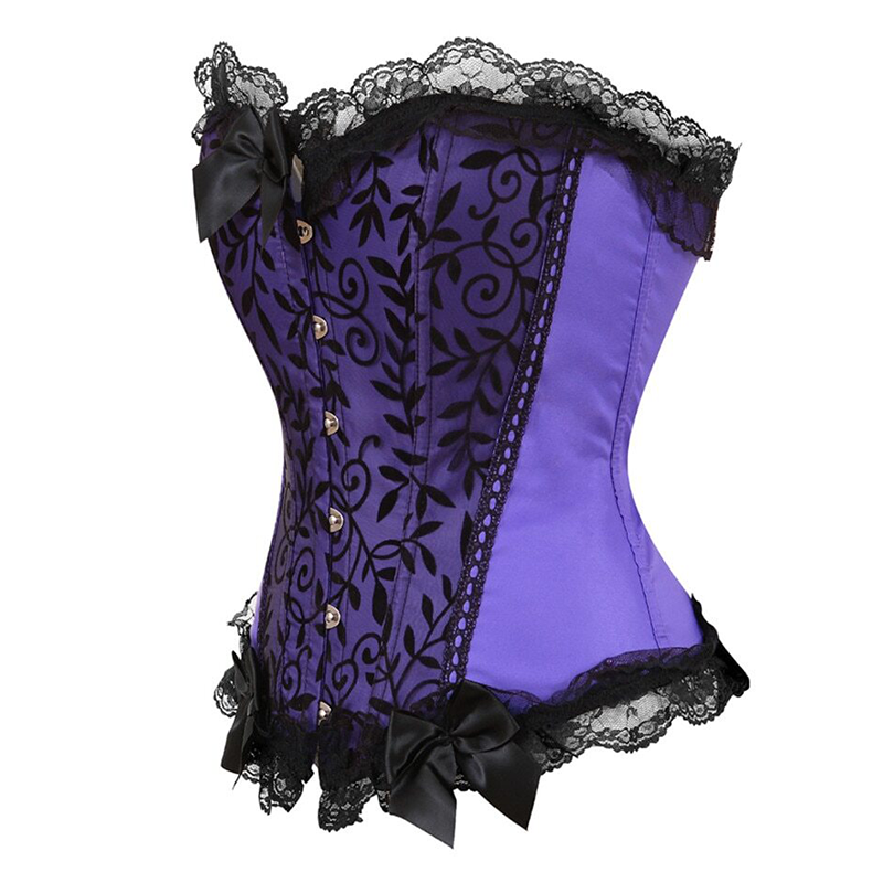 Zoom sur le profil d'un corset en satin et dentelle violet