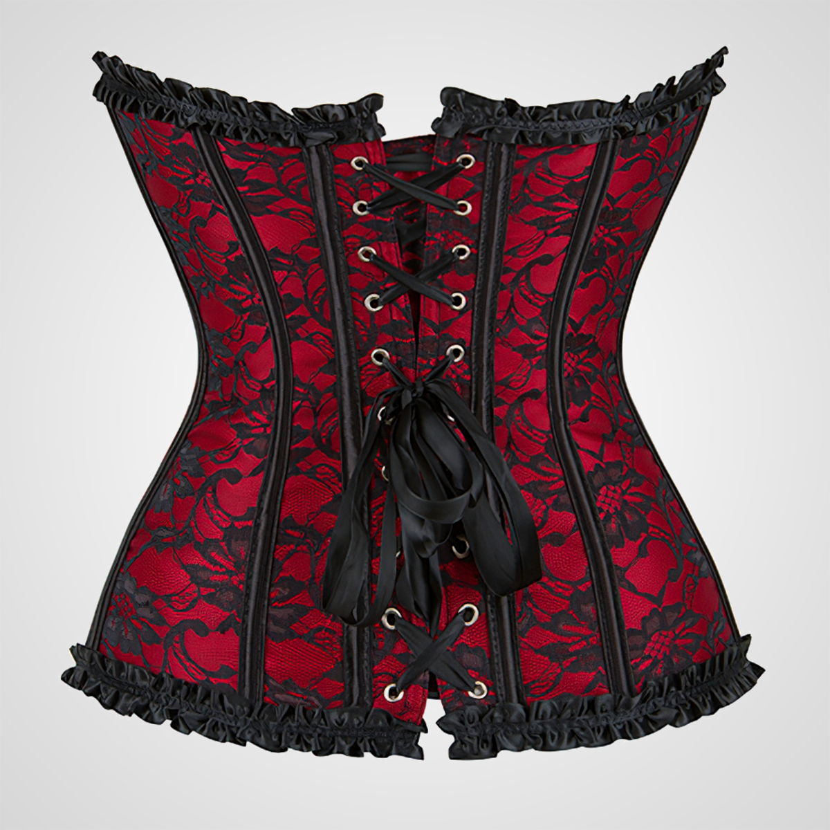 Zoom sur un corset noir et rouge vu de l'arrière