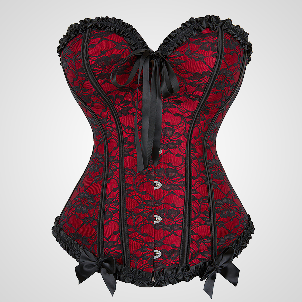 Zoom sur un corset noir et rouge vu de face