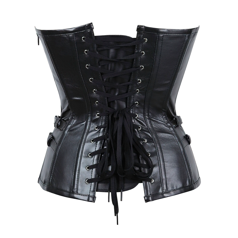 Zoom sur un corset noir en simili cuir vu de dos