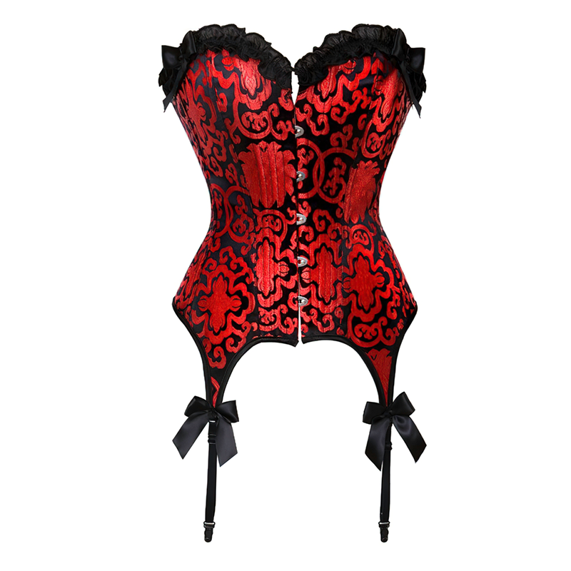 Zoom sur un corset porte-jarretelles rouge vu de face