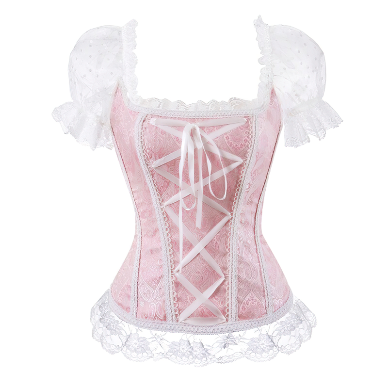 Zoom sur un corset rose blanc vu de face