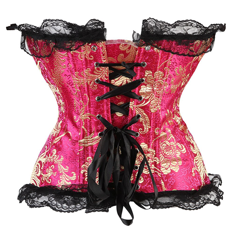 Zoom sur le dos d'un corset rose et doré