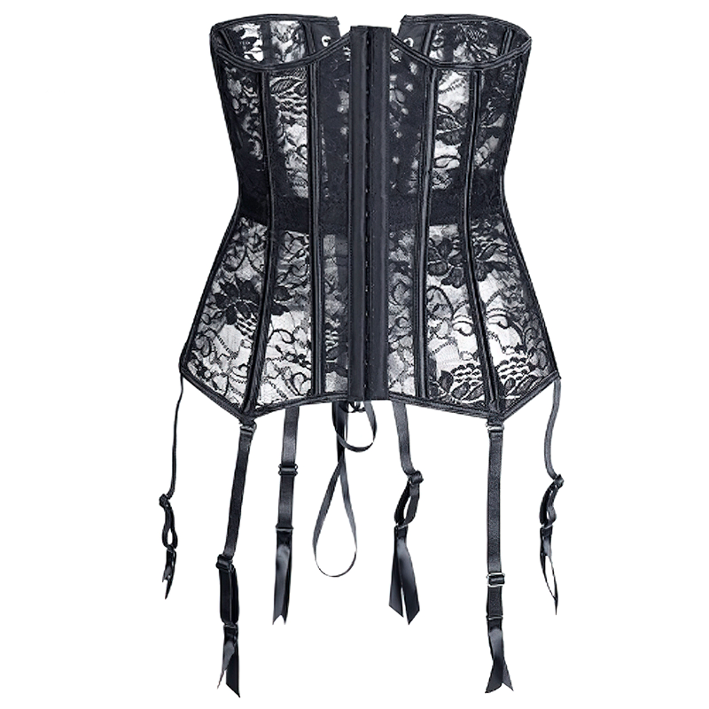 Zoom sur un corset serre-taille porte-jarretelles vu de face