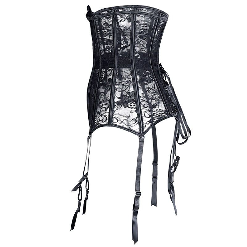 Zoom sur un corset serre-taille porte-jarretelles vu de profil