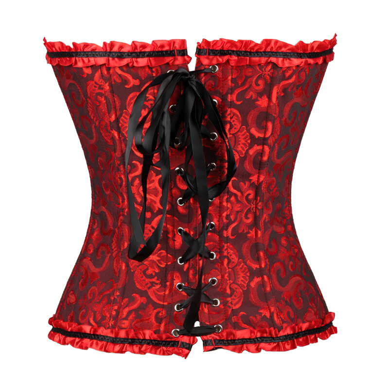 Zoom sur un corset victorien rouge et noir vu de dos