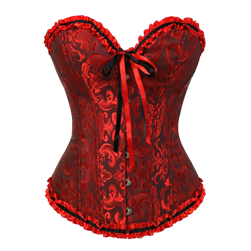 Zoom sur un corset victorien rouge et noir vu de face