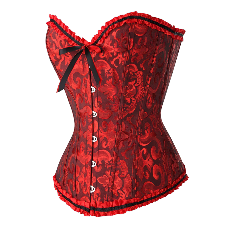 Zoom sur un corset victorien rouge et noir vu de profil