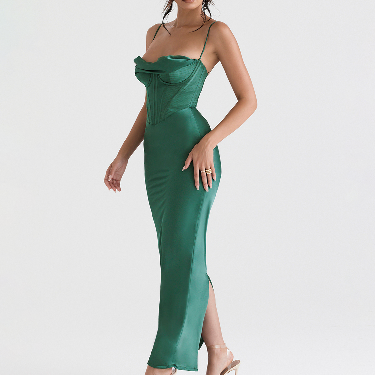 Robe longue corset tissu satin droite vue de profil