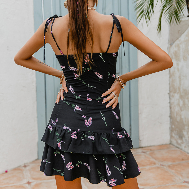 Robe trapèze corset à fleurs noire vue de dos