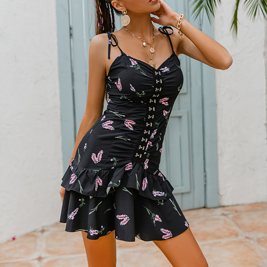 Robe trapèze corset à fleurs noire